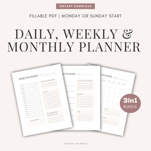 Pacote de planejador diário, semanal e mensal sem data, planejador estético minimalista para impressão, inserção de planejador de produtividade, download instantâneo de PDF