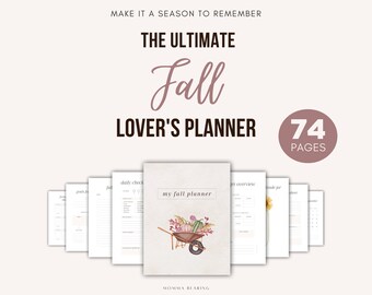 May include: A printable planner with 74 pages for fall lovers. The cover features a watercolor illustration of a wheelbarrow filled with pumpkins, gourds, and fall foliage. The text "my fall planner" is printed on the cover.