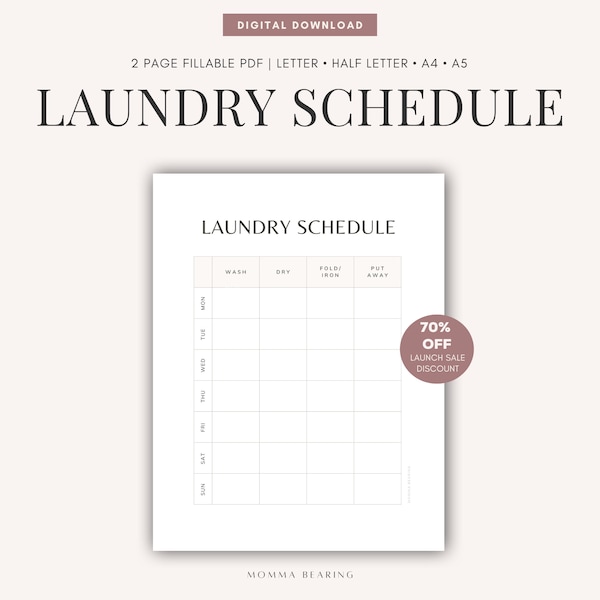 Laundry Schedule Printable, Editable Weekly Laundry Routine, Washing Day Planner Guide, DIY Home Binder, Half Letter A5 A4, Digital Download