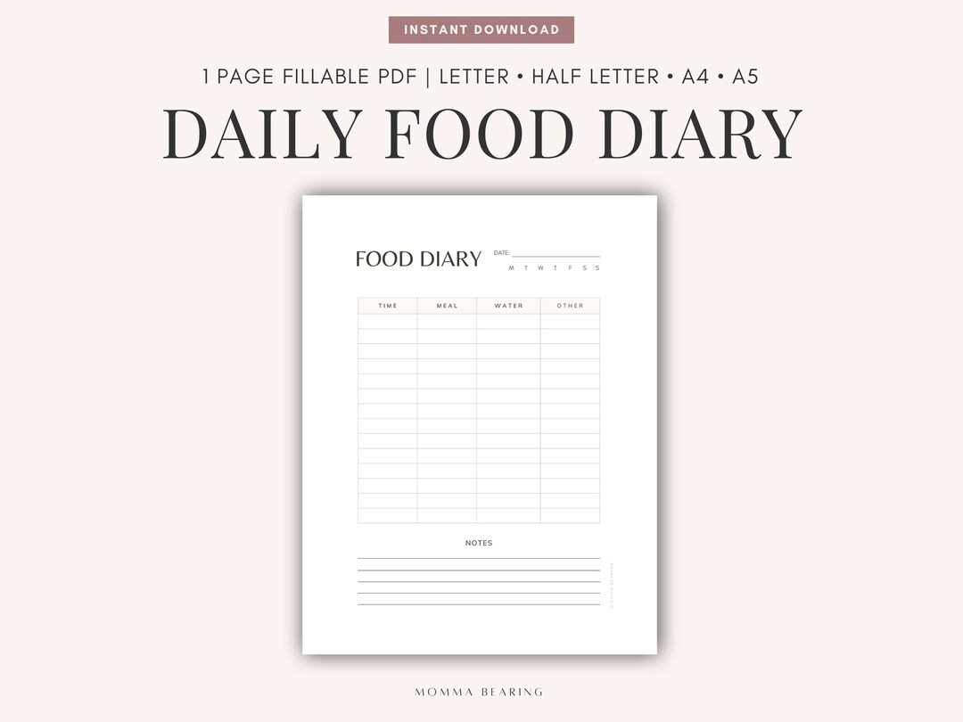 Printable Food Diary, Digital Food Journal, Undated Meal Tracker, Daily