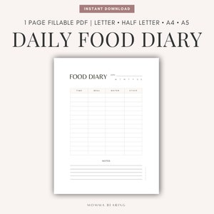 Printable Food Diary, Digital Food Journal, Undated Meal Tracker, Daily Food Log, Healthy Meal Plan PDF, Filofax A5 Insert, Instant Download