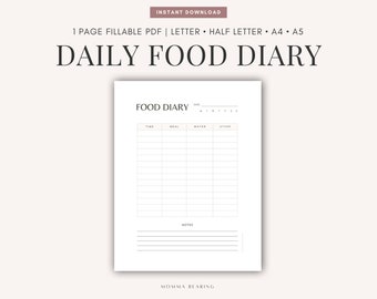 Printable Food Diary, Digital Food Journal, Undated Meal Tracker, Daily Food Log, Healthy Meal Plan PDF, Filofax A5 Insert, Instant Download