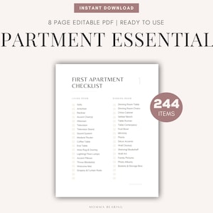 Könnte beinhalten: Eine Checkliste für die wichtigsten Dinge in der ersten Wohnung mit einer Liste von Gegenständen für das Wohnzimmer und das Esszimmer. Die Checkliste umfasst 244 Artikel.