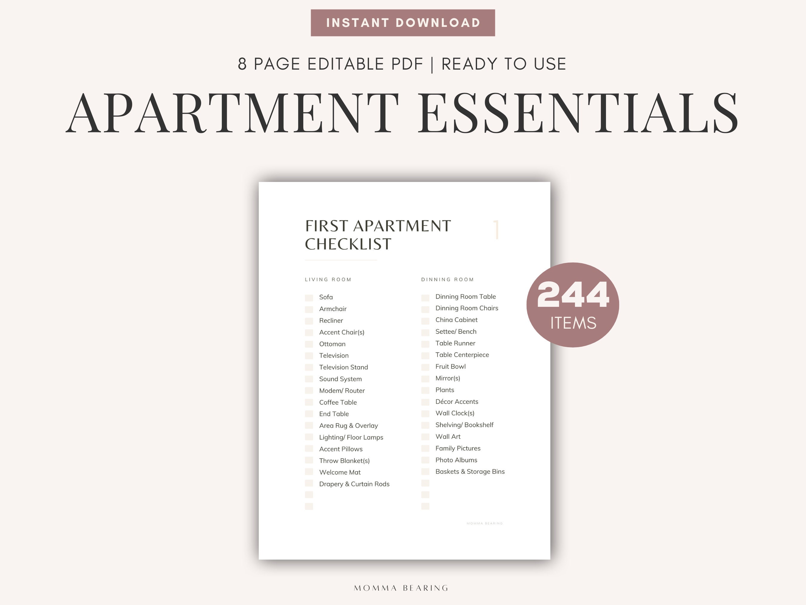 Best Apartment Essentials Printable Checklist, New Home Shopping List,  Wedding Registry, Best PCS Digital Moving Planner, Furnishings Guide 