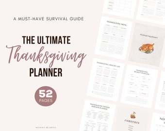 May include: A printable Thanksgiving planner with 52 pages. The planner includes sections for a Thanksgiving menu, grocery list, budget overview, dinner portion planner, and a Thanksgiving day planner. The planner has a rustic design with a brown background and a watercolour illustration of a roasted turkey.