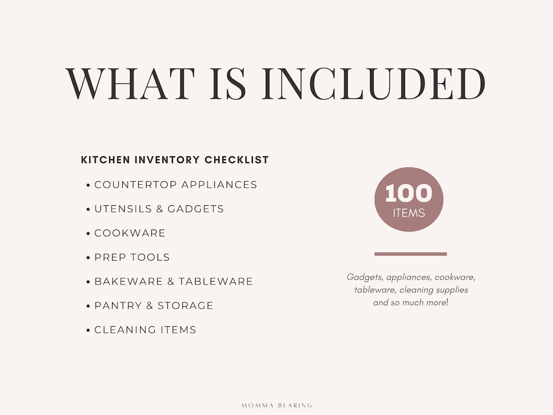 Kitchen Essentials Printable Checklist, Kitchen Inventory, Kitchen