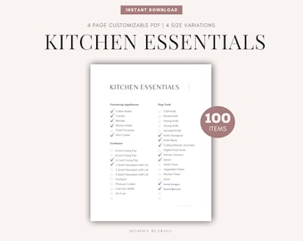 Kitchen Essentials Printable Checklist, Kitchen Inventory, Kitchen Tools Master List, New Home Kitchenware Supplies PDF, Digital Download