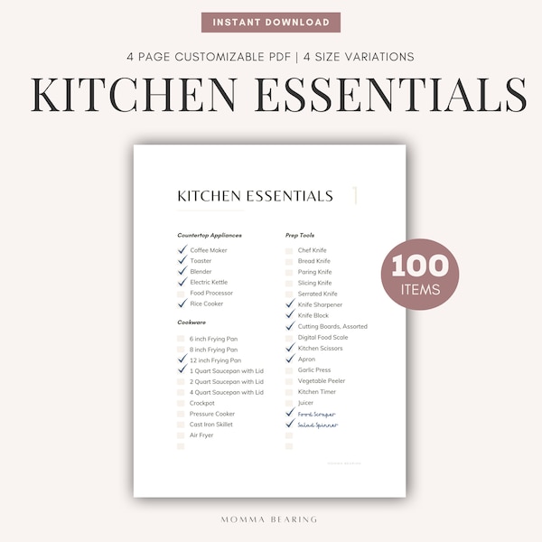 Kitchen Essentials Printable Checklist, Kitchen Inventory, Kitchen Tools Master List, New Home Kitchenware Supplies PDF, Digital Download