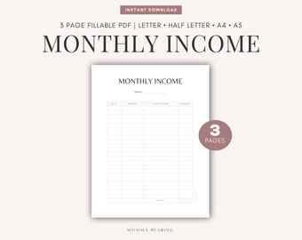 May include: A printable monthly income tracker with a simple design. The tracker has columns for date, source, description, and amount. The text "MONTHLY INCOME" is at the top of the page. The text "3 PAGES" is in a pink circle on the right side of the page.