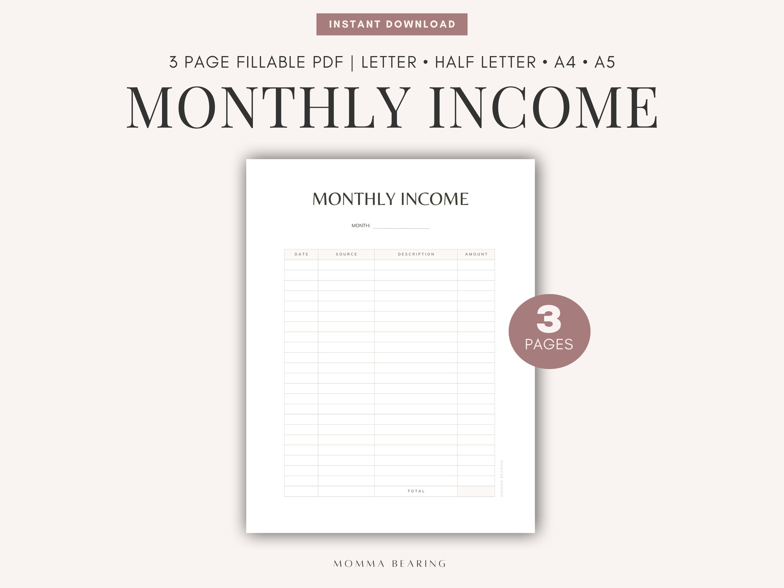 Monthly Income Overview Printable, Income Tracker PDF, Money Tracking, Monthly Income Organizer ...