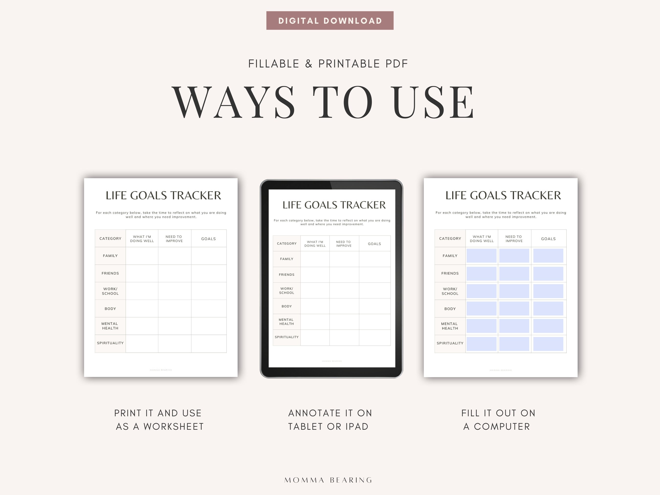 Printable Life Goals Tracker, Goal Setting Worksheet, New Year ...