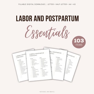 Lista de verificación de elementos esenciales del parto y el posparto en PDF, kit de atención de recuperación del cuarto trimestre imprimible, carpeta de planificación de embarazo digital para mamá primeriza
