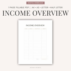 Income Overview Printable, Income Tracker, Money Management, Monthly Income Organizer, Personal Finance Planner, Instant Digital Download