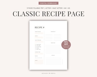 May include: A printable recipe page template with a white background and black text. The page is divided into sections for the name of the recipe, ingredients, directions, and notes. There is a 70% off launch sale discount.