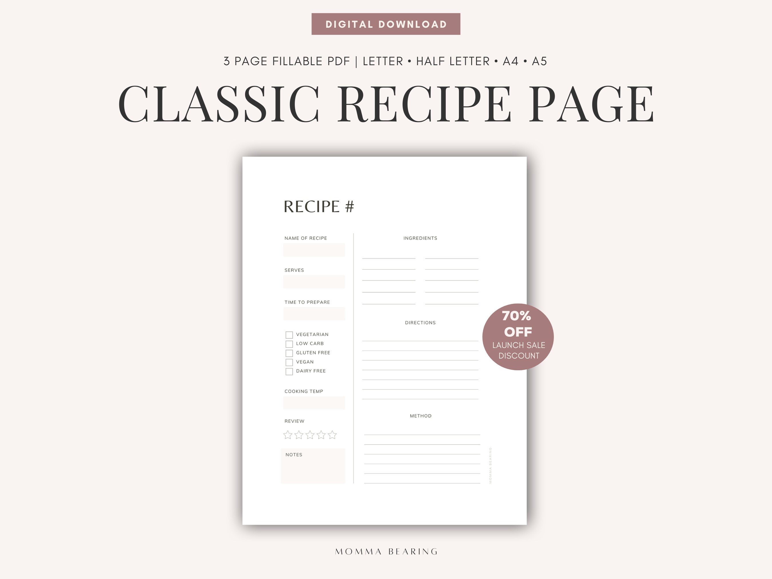Blank Recipe Sheet Printable, Editable Recipe Full Page, DIY Cook Book