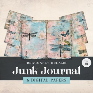 Whimsical Dragonfly Digital Paper, Printable Dragonfly Junk Journal, Vintage Decoupage Page, Cottagecore Craft Bundle, Mixed Media Collage