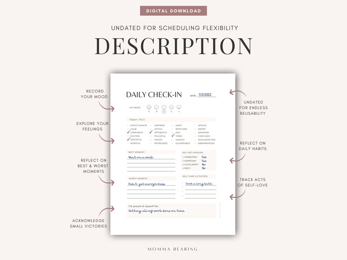 Daily Self Check In, Printable Mood Tracker, Wellness Worksheet for