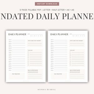 Agenda giornaliera senza data stampabile, elenco minimalista delle cose da fare, pianificazione dei blocchi orari per insegnante, organizzazione mamma, inizio lunedì domenica, download PDF
