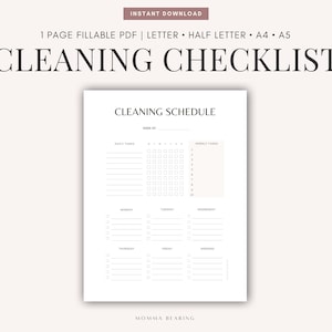 May include: A printable cleaning schedule checklist with a grid for daily tasks, a section for weekly tasks, and a daily schedule for Monday through Sunday. The text "CLEANING SCHEDULE" is at the top of the page.