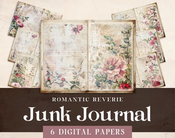 Papel digital Shabby Chic, Diario basura imprimible, Floral rojo vintage romántico, Paquete de artesanía decoupage, Hoja de collage de medios mixtos efímeros