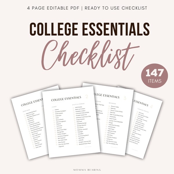 Best College Essentials Checklist, Printable Dorm Room Packing List A4 PDF, University Freshman Move-In Prep, Study Abroad Guide What to Buy