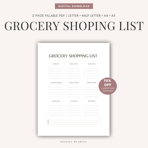 Grocery Shopping List Printable, Weekly Food Shopping PDF, DIY Kitchen Organization Binder, Half Letter A5 A4, Instant Digital iPad Download