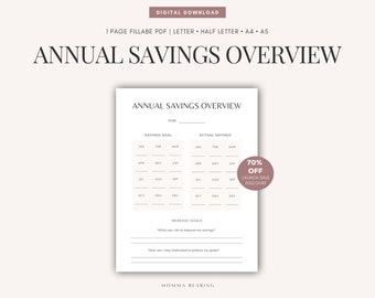 Annual Savings Overview Printable, Yearly Savings Tracker, Digital Monthly Savings Log, Annual Finance Organizer, Personal Finance Kit DIY