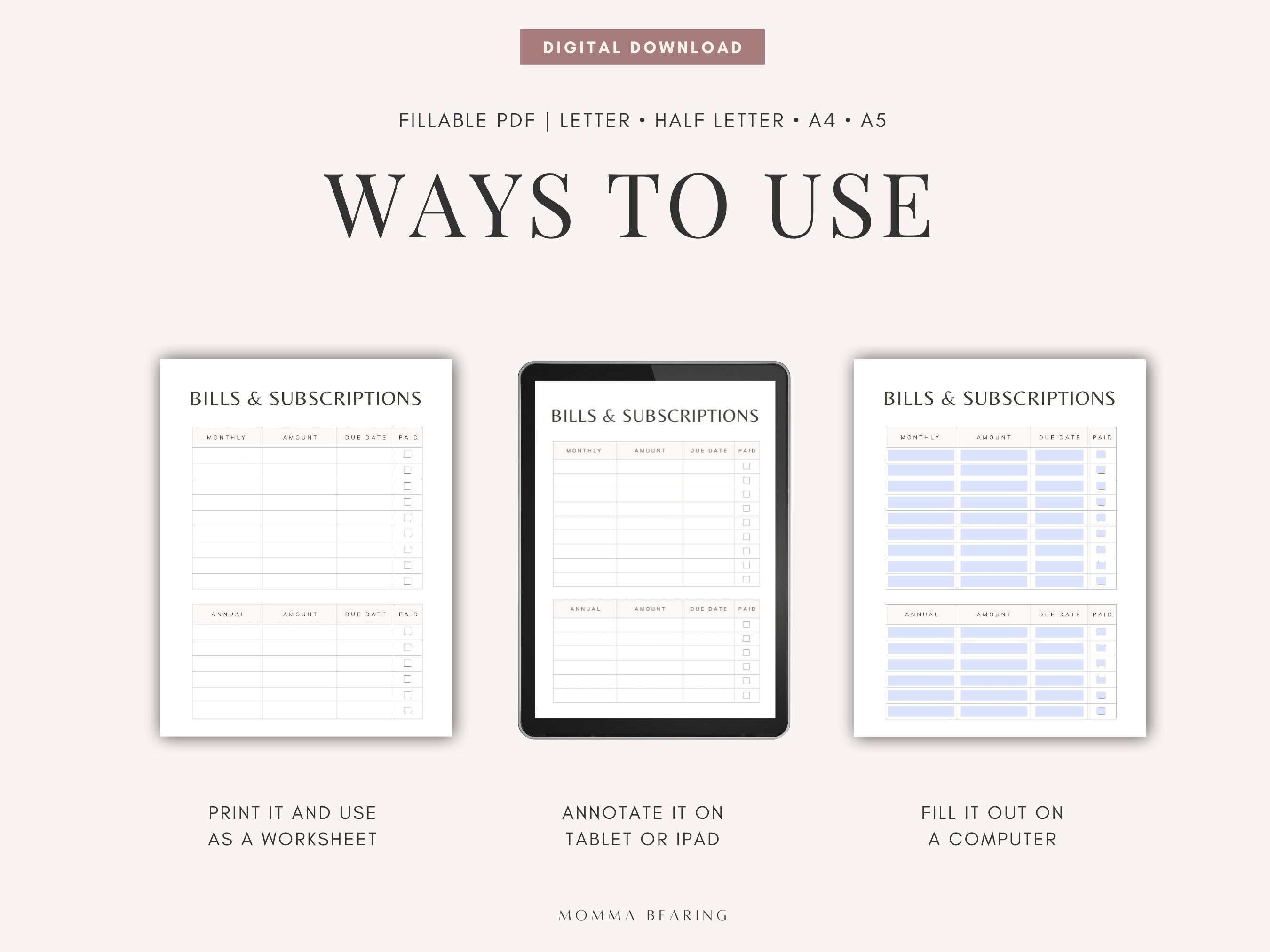Bill and Subscription Tracker Printable, Monthly Recurring Bill Payment Checklist, Annual Bill ...
