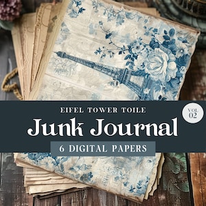 Blue Toile Junk Journal Digital Paper, Printable Floral Paris Chinoiserie, 6 Page Craft Bundle, Ephemera Mixed Media Collage Sheet 11 x 8.5