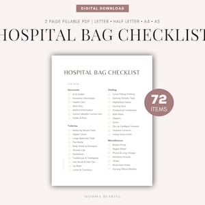 Lista de verificación de bolsas de hospital imprimible, Guía de embalaje de bolsas de maternidad digitales, PDF de elementos esenciales para bebés recién nacidos, Lista de tareas pendientes del embarazo, Media letra A5 A4