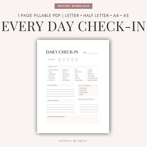 Puede incluir: Una hoja de control diaria imprimible con un rastreador de humor, una lista de sentimientos y espacio para escribir los mejores y peores momentos del día. La hoja también incluye una sección para actividades de autocuidado.