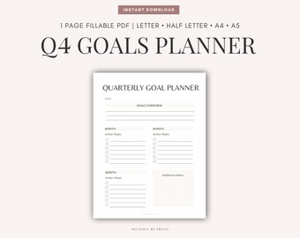 Afdrukbare kwartaaldoelentracker, productiviteitsstrategie vierde kwartaal, ongedateerd actieplan 90 dagen, sjabloon kwartaal in één oogopslag, digitale pdf-download