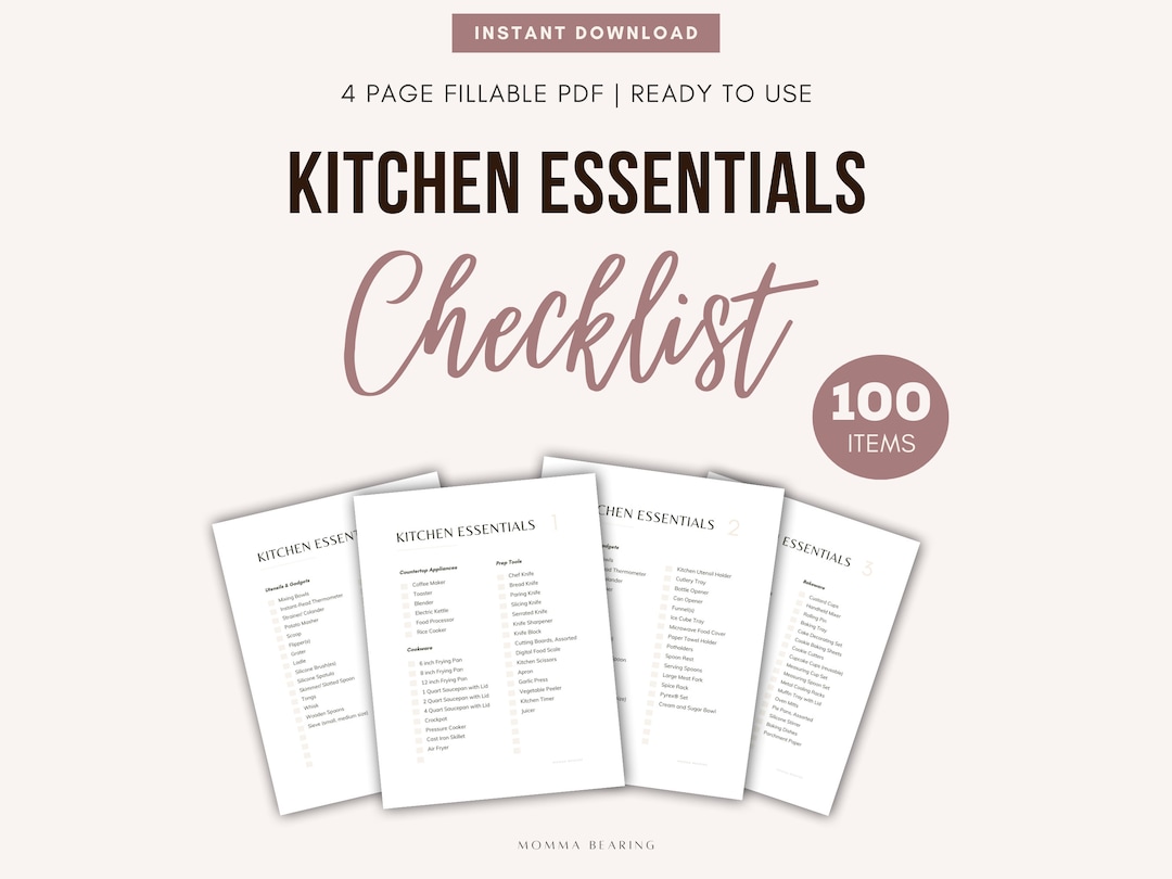 Kitchen Essentials Checklist, Printable Inventory, New Home Kitchen