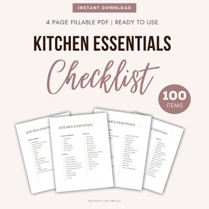 Pode incluir: Uma lista de verificação imprimível para itens essenciais de cozinha, com o título "Lista de verificação de itens essenciais de cozinha" e o número "100 itens" em um círculo. A lista de verificação é dividida em quatro páginas, cada uma com uma lista de itens para marcar.