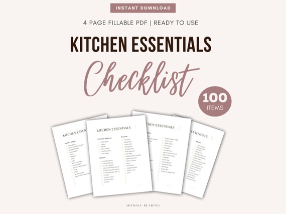 Kitchen Essentials Printable Checklist, Kitchen Inventory, Kitchen