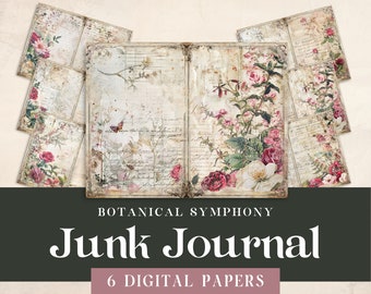 Papel digital Shabby Chic, Diario basura imprimible, Floral rojo vintage romántico, Paquete de artesanía decoupage, Hoja de collage de medios mixtos efímeros