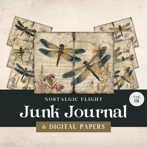 Whimsical Dragonfly Digital Paper, Printable Dragonfly Junk Journal, Vintage Decoupage Page, Cottagecore Craft Bundle, Mixed Media Collage