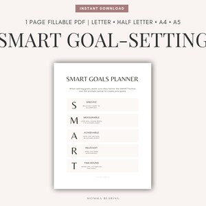 May include: A printable worksheet titled "SMART Goals Planner" with a checklist for setting goals using the SMART method. The acronym SMART stands for Specific, Measurable, Achievable, Relevant, and Time-Bound.