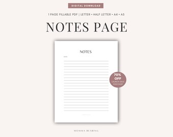 May include: A printable notes page template with the title "NOTES" and a lined area for writing. The page is designed for use with a digital planner or notebook.  The text "70% OFF LAUNCH SALE DISCOUNT" is in a circle at the bottom right corner of the page.