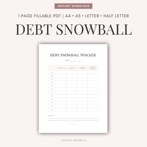Peut inclure: Une feuille de calcul imprimable de suivi de boule de neige de la dette avec un fond blanc et du texte noir. La feuille de calcul comprend des colonnes pour la description de la dette, le montant, le paiement minimum et le total de la boule de neige de la dette. La feuille de calcul comprend également une section pour les notes.