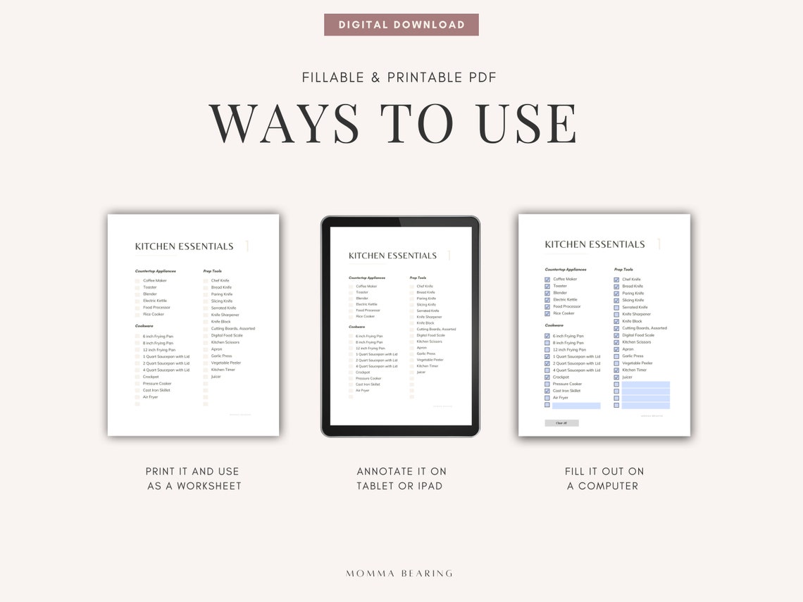 Kitchen Essentials Printable Checklist, Kitchen Inventory, Kitchen