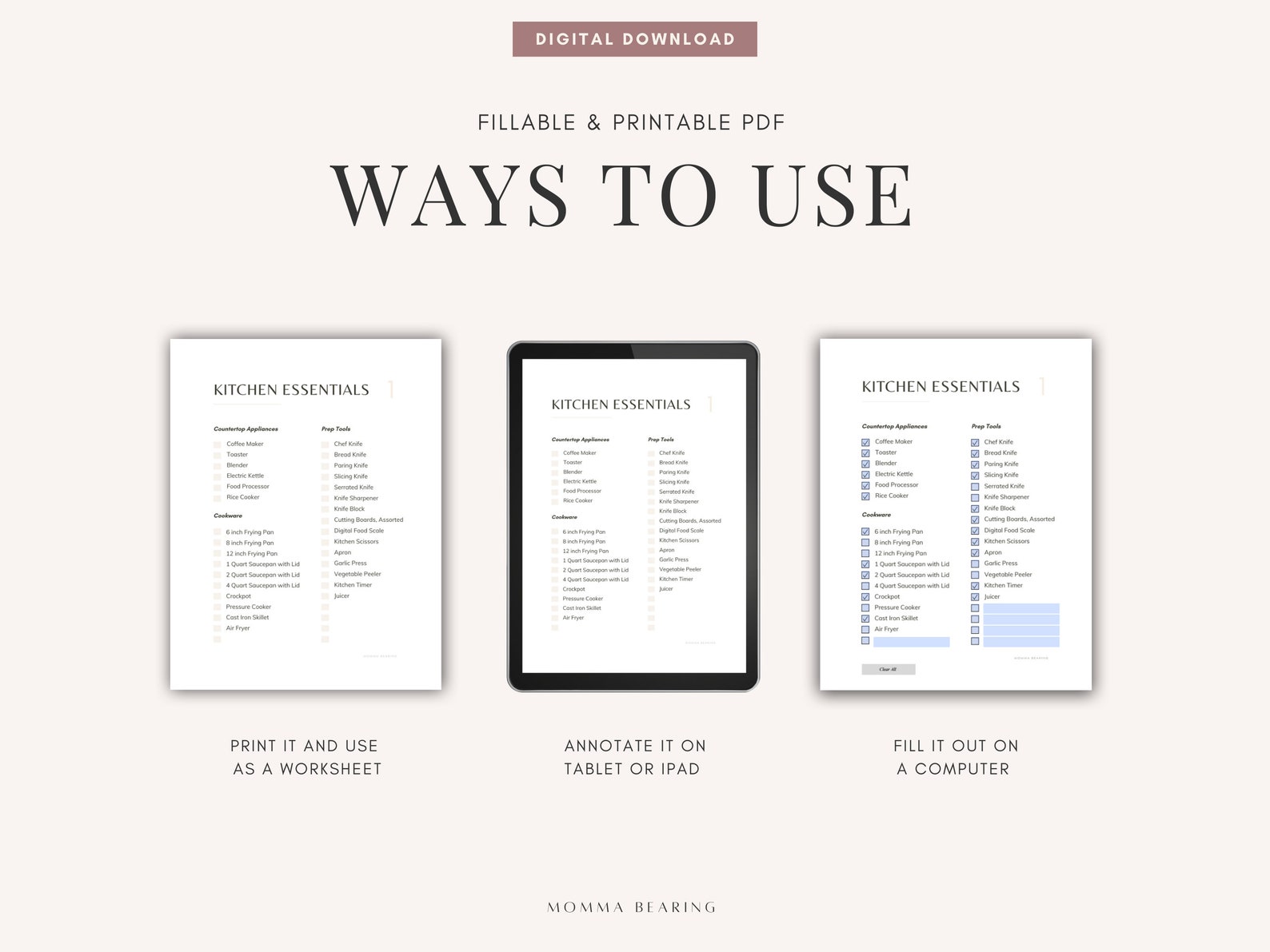 Kitchen Essentials Printable Checklist, Kitchen Inventory, Kitchen