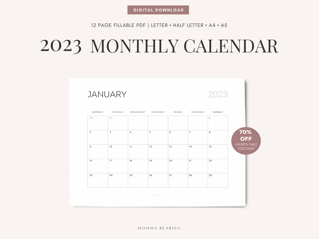 Free 12 Month Calendar Template 2023 Printable