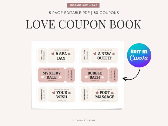 Editable Love Coupon Book, Best Personalized Romantic Gift for Him