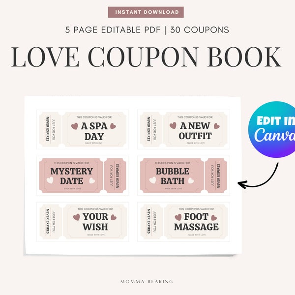 Editable Love Coupon Book, Best Personalized Romantic Gift for Him, Fun Birthday Anniversary Gift for Wife, Trending Memorable Unique Idea