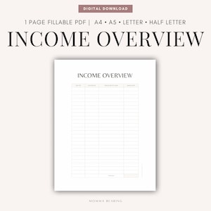 以下が含まれることがあります： 日付、ソース、説明、金額の列を持つ、印刷可能な収入概要トラッカー。トラッカーには、一番下に合計行があります。