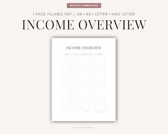 May include: Printable income overview tracker with columns for date, source, description, and amount. The tracker has a total row at the bottom.