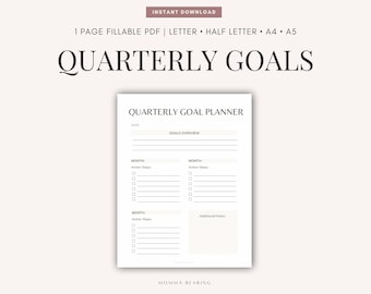 Afdrukbare driemaandelijkse doeltracker, kwartaal in één oogopslag, ongedateerd plan van 90 dagen, 3 maanden productiviteitsplanner invoegen, minimalistische PDF-sjabloon A4