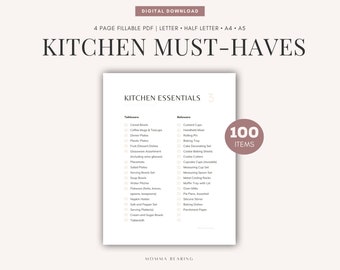 Kitchen Essentials Printable Checklist, Kitchen Inventory, Kitchen Tools Master List, New Home Kitchenware Supplies PDF, Digital Download