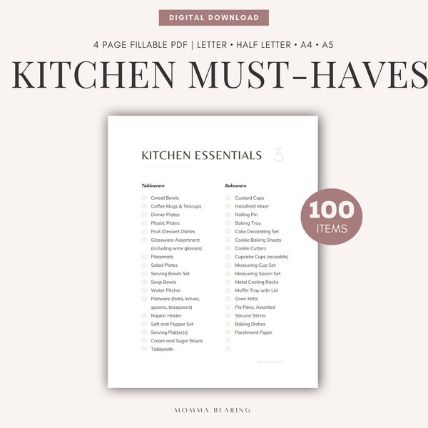Kitchen Essentials Printable Checklist, Kitchen Inventory, Kitchen Tools Master List, New Home Kitchenware Supplies PDF, Digital Download